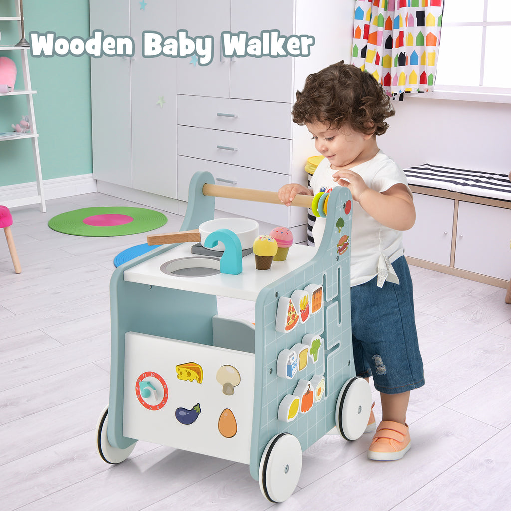 6-in-1 Wooden Baby Walker with Play Kitchen - Blue, Toddler Gift