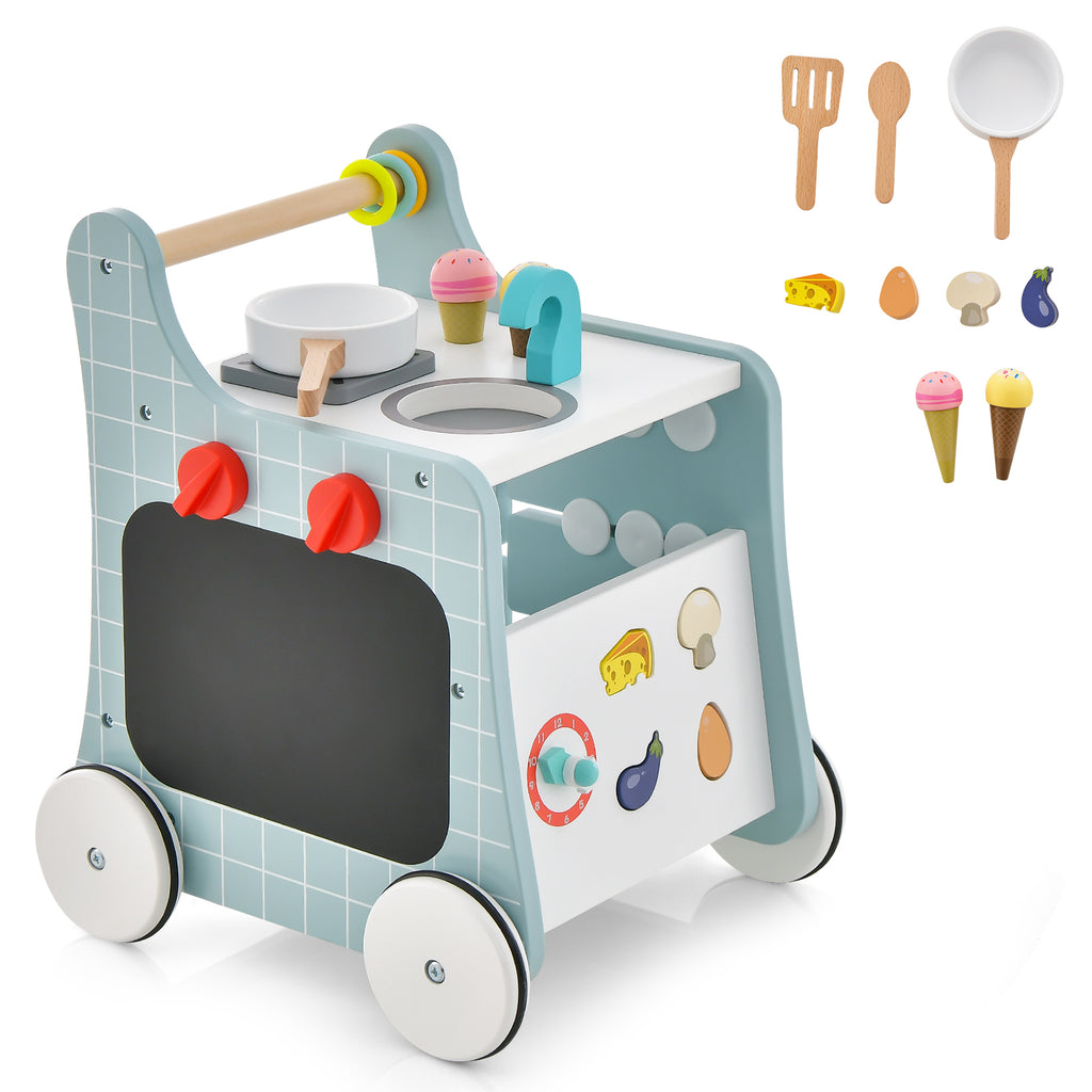 6-in-1 Wooden Baby Walker with Play Kitchen - Blue, Toddler Gift