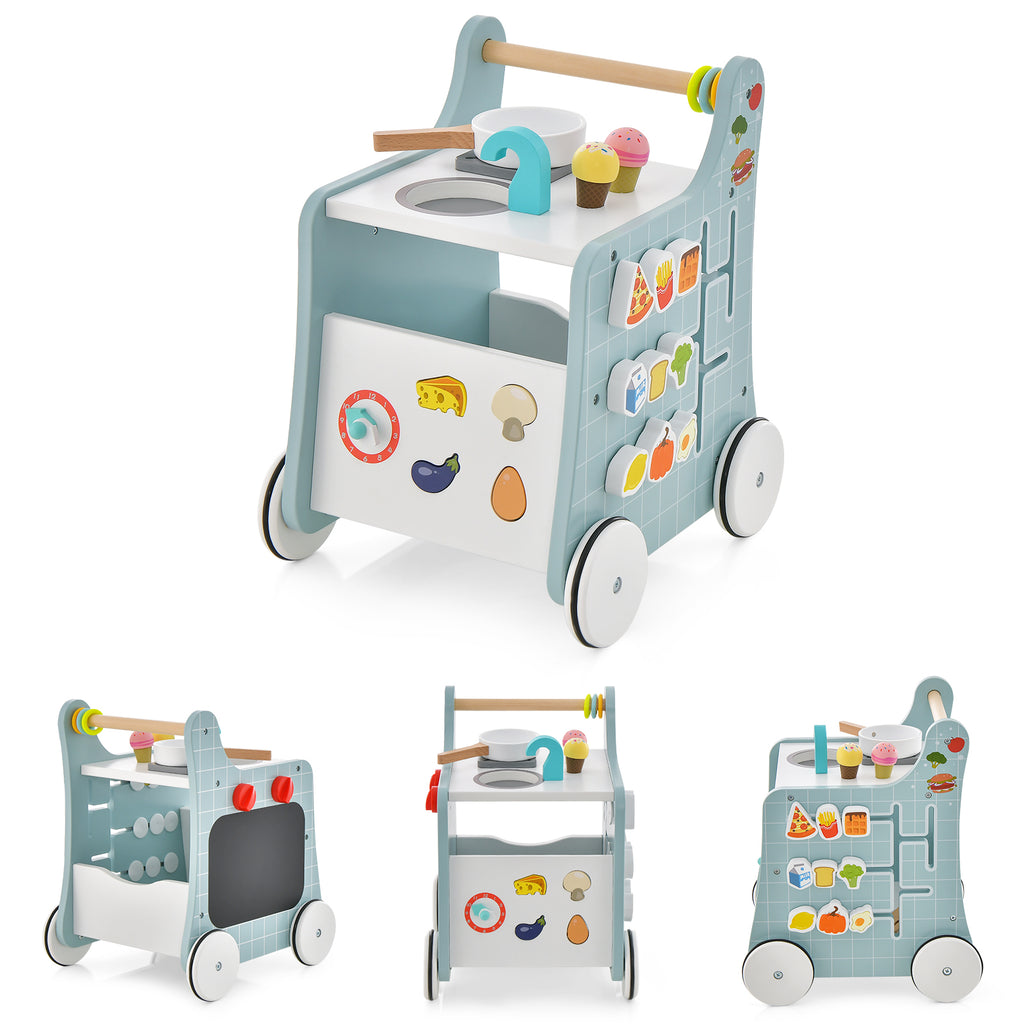 6-in-1 Wooden Baby Walker with Play Kitchen - Blue, Toddler Gift