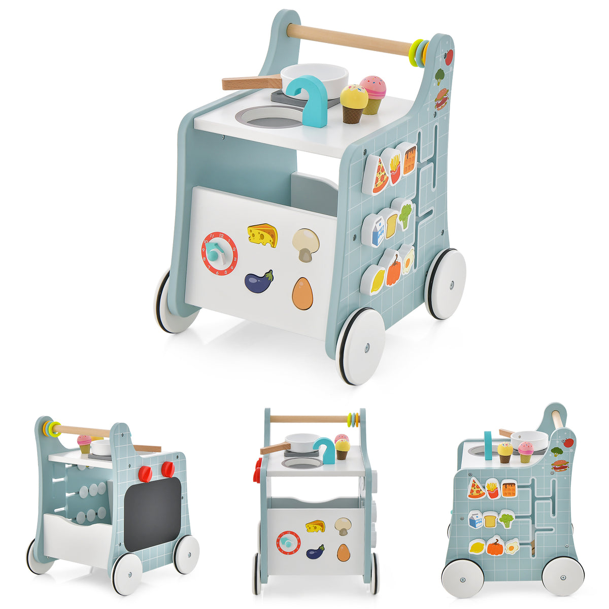6-in-1 Wooden Baby Walker with Play Kitchen - Blue, Toddler Gift
