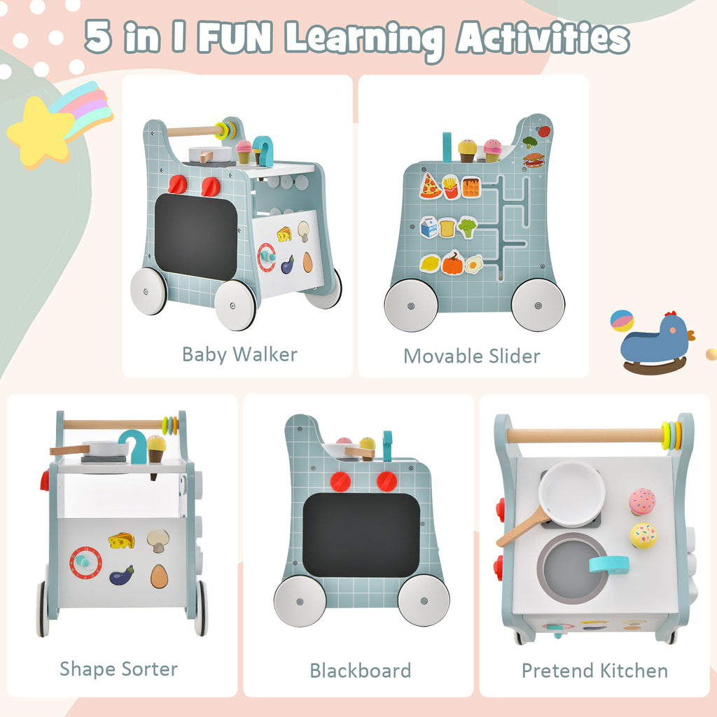 6-in-1 Wooden Baby Walker with Play Kitchen - Blue, Toddler Gift