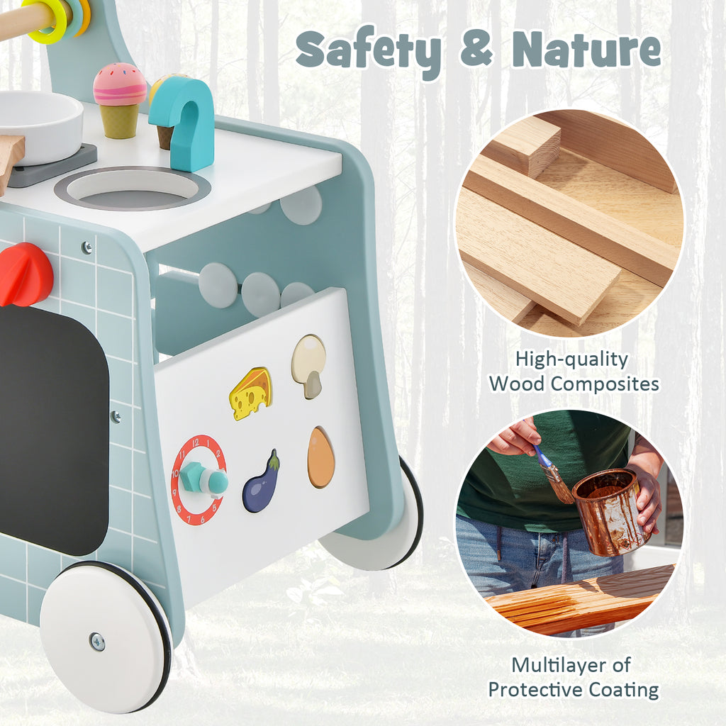 6-in-1 Wooden Baby Walker with Play Kitchen - Blue, Toddler Gift