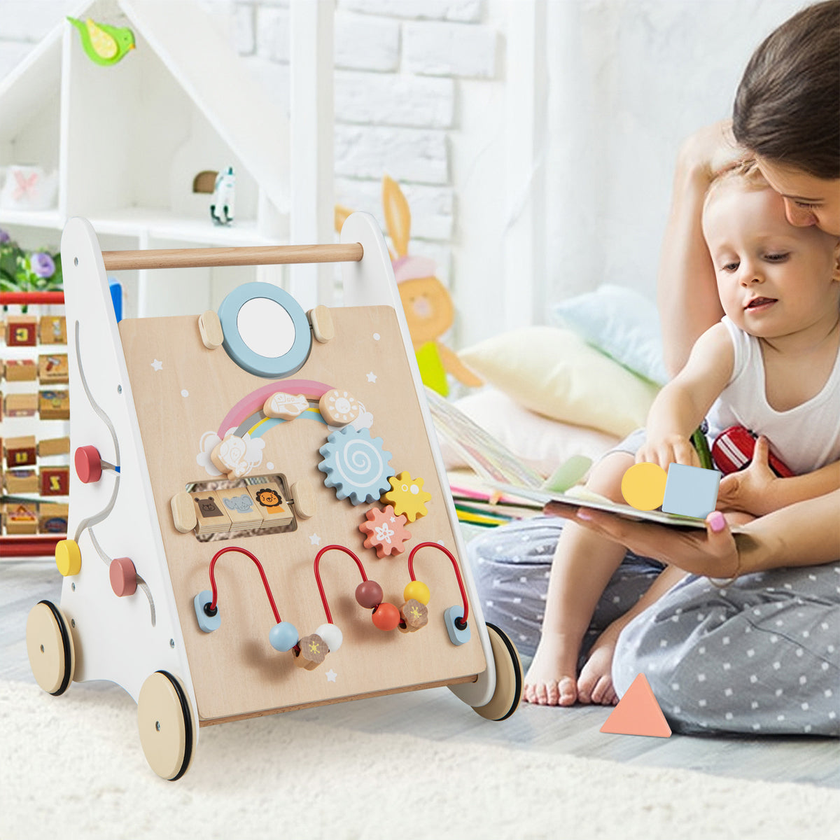 White Wooden Baby Walker with Activities Center - Style 3 for 12+ Months