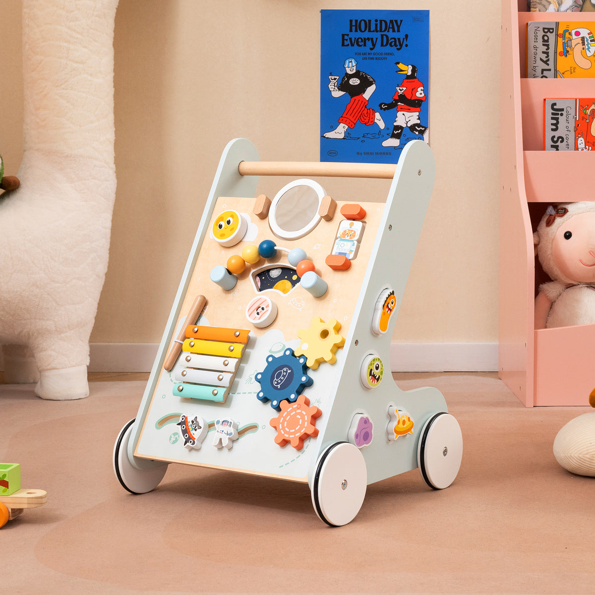 Wooden Baby Walker Push and Pull Activity Center - Green Style 2 for Toddlers 1+ Years