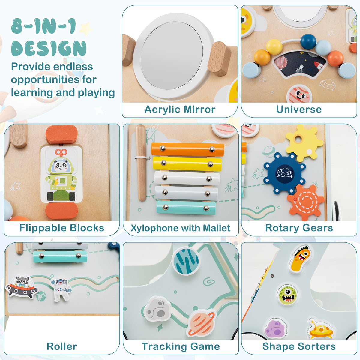 Wooden Baby Walker Push and Pull Activity Center - Green Style 2 for Toddlers 1+ Years