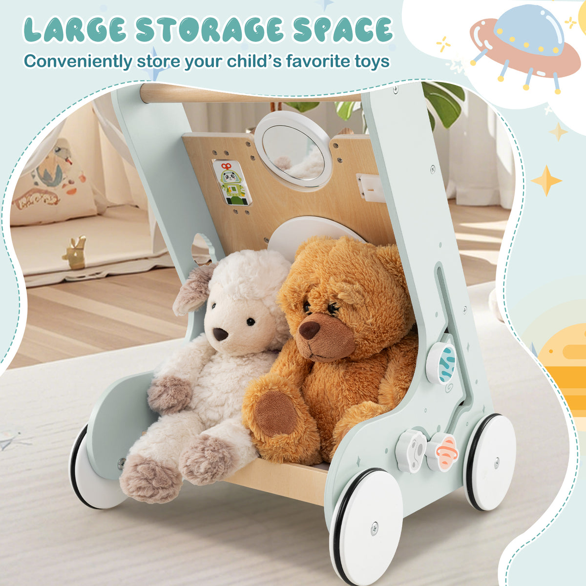 Wooden Baby Walker Push and Pull Activity Center - Green Style 2 for Toddlers 1+ Years