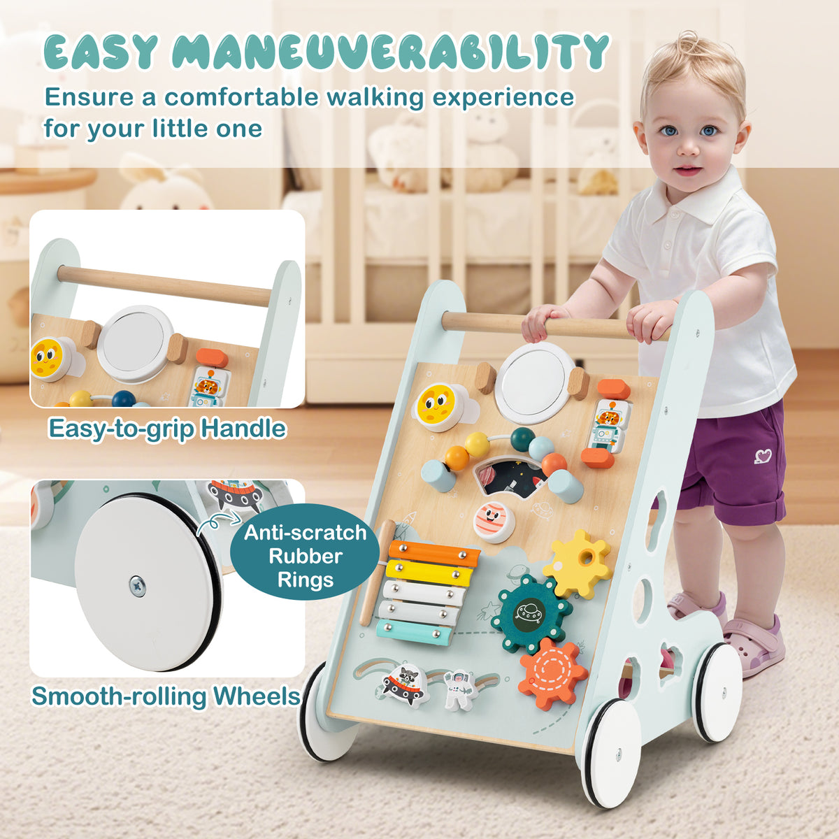 Wooden Baby Walker Push and Pull Activity Center - Green Style 2 for Toddlers 1+ Years
