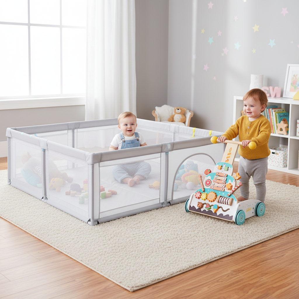 Wooden Baby Walker & Large Playpen Set - Adjustable Handle, Sensory Balls