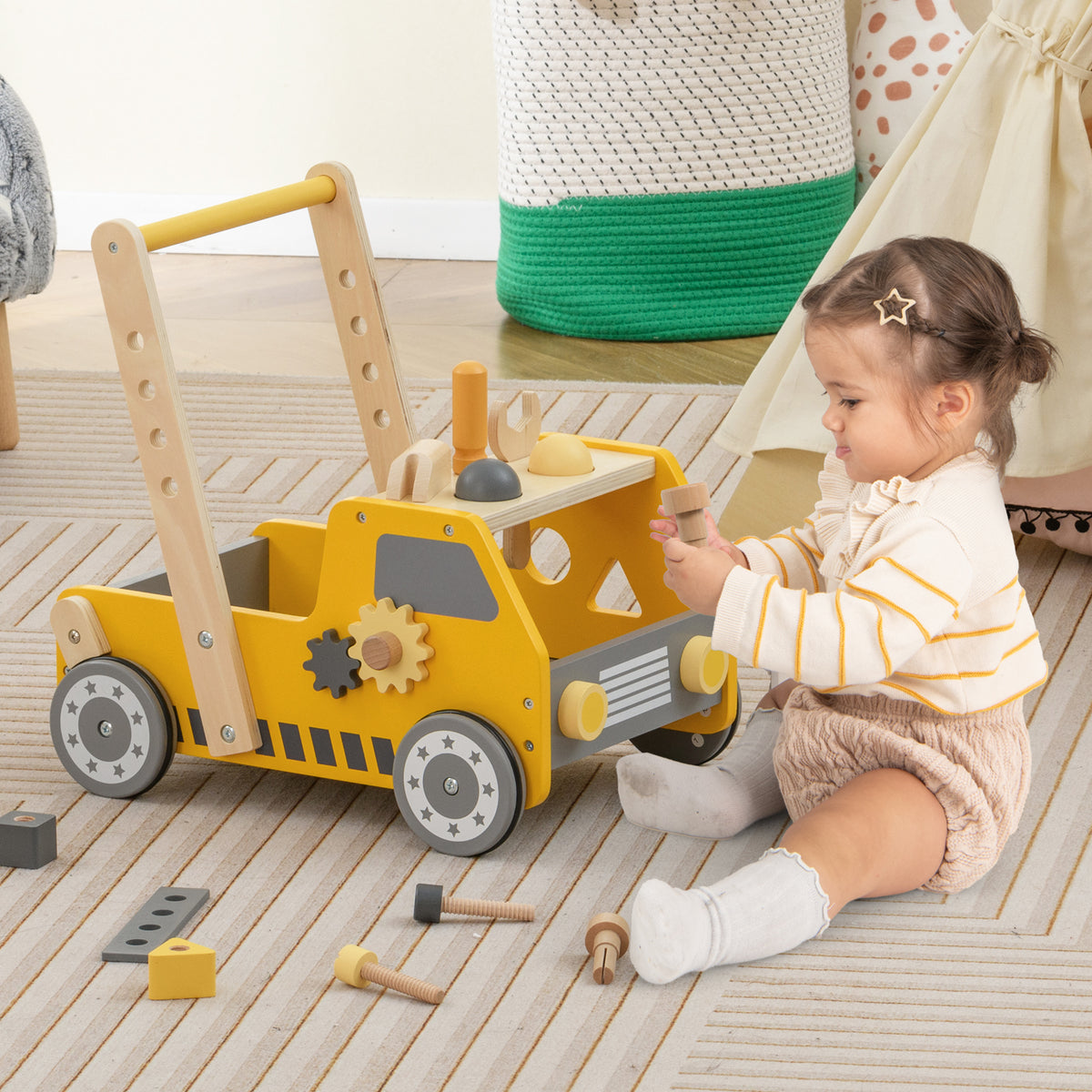 2-in-1 Wooden Baby Walker with Adjustable Speed & Bottom Storage - Yellow, Truck-Shaped, Safety Certified