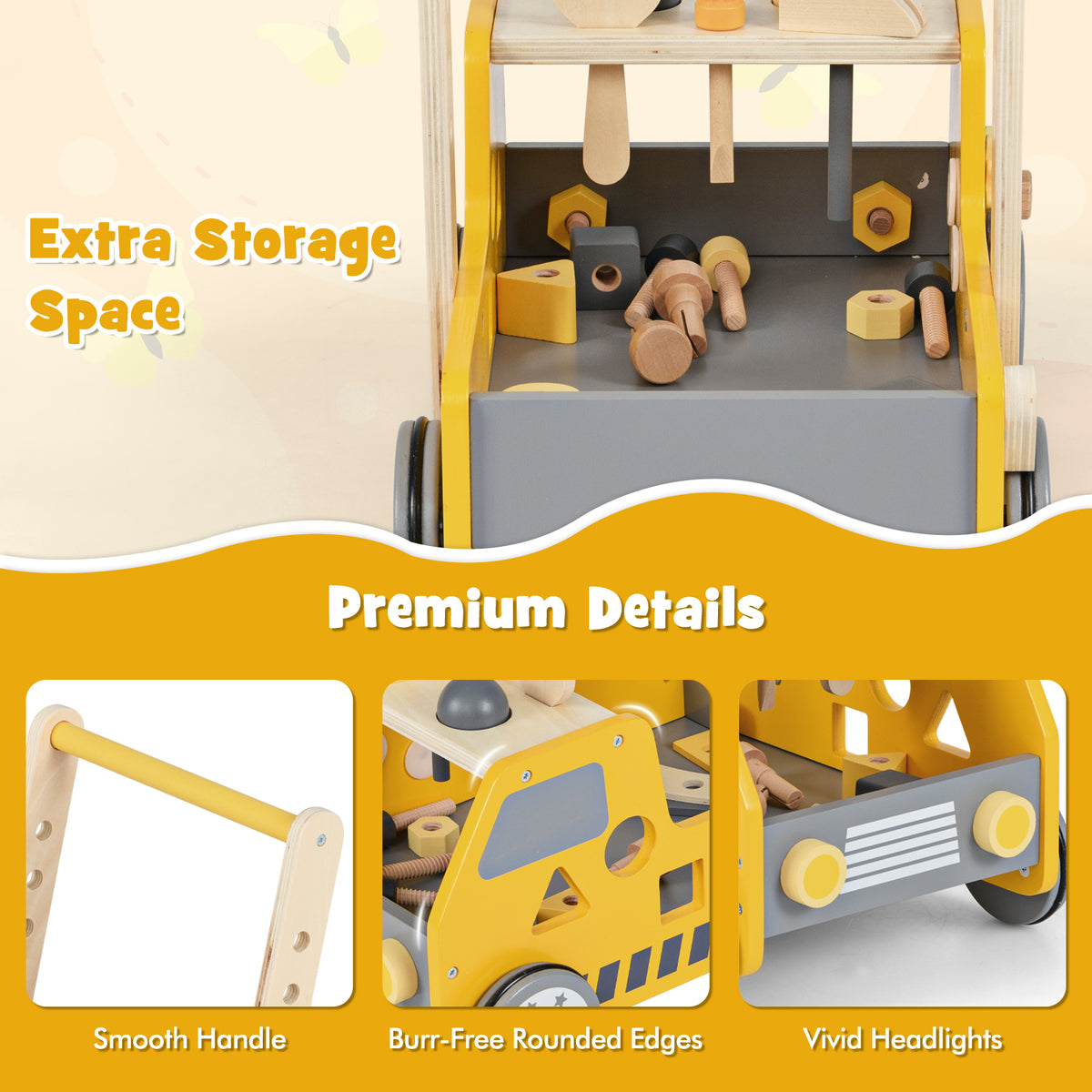 2-in-1 Wooden Baby Walker with Adjustable Speed & Bottom Storage - Yellow, Truck-Shaped, Safety Certified