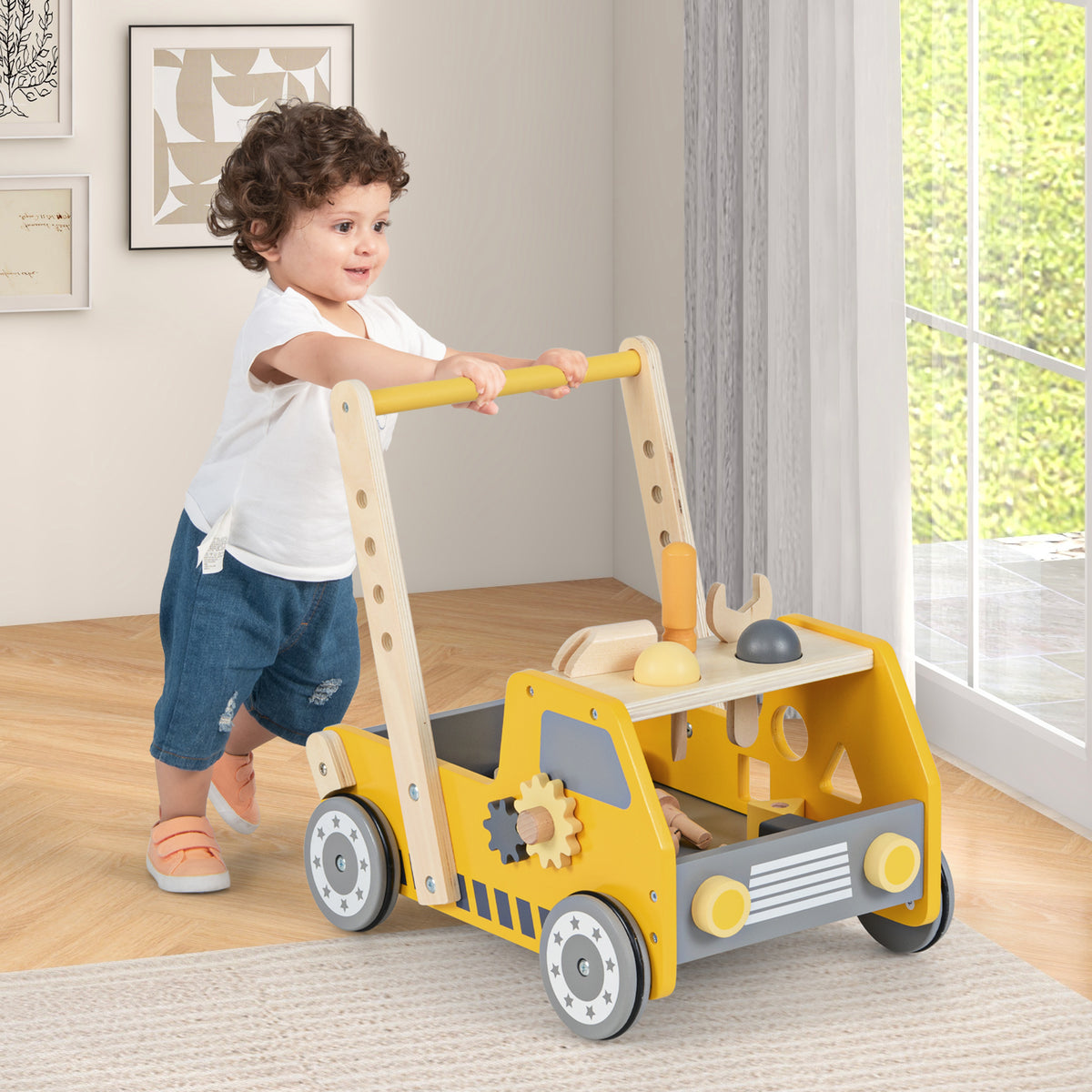 2-in-1 Wooden Baby Walker with Adjustable Speed & Bottom Storage - Yellow, Truck-Shaped, Safety Certified