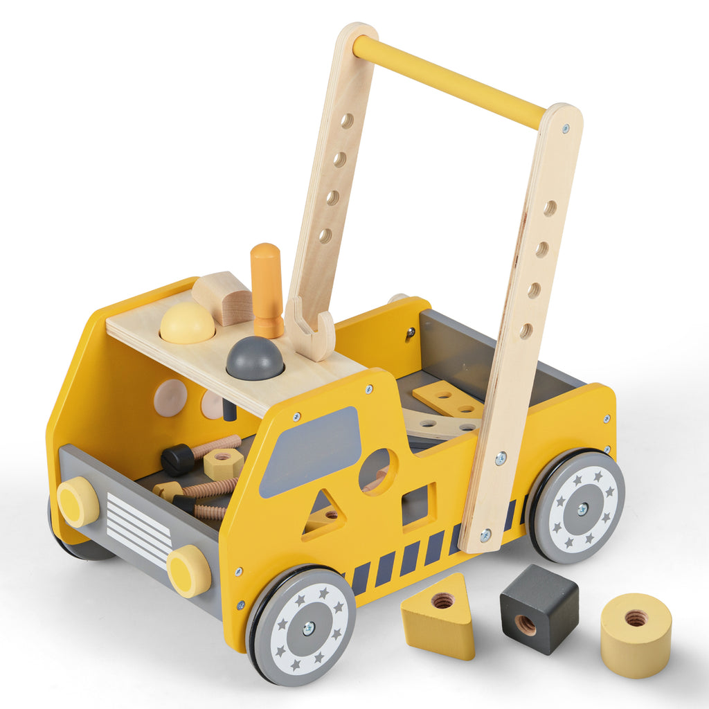 2-in-1 Wooden Baby Walker with Adjustable Speed & Bottom Storage - Yellow, Truck-Shaped, Safety Certified