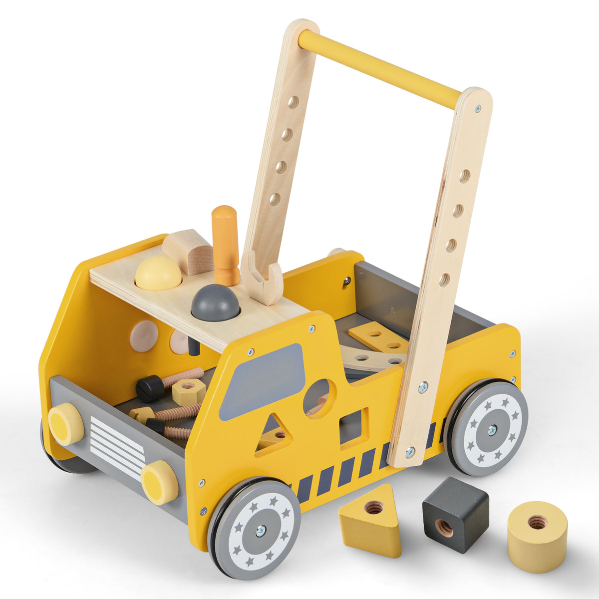 2-in-1 Wooden Baby Walker with Adjustable Speed & Bottom Storage - Yellow, Truck-Shaped, Safety Certified
