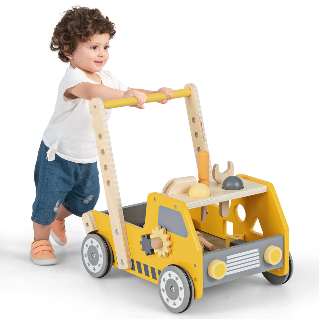 2-in-1 Wooden Baby Walker with Adjustable Speed & Bottom Storage - Yellow, Truck-Shaped, Safety Certified