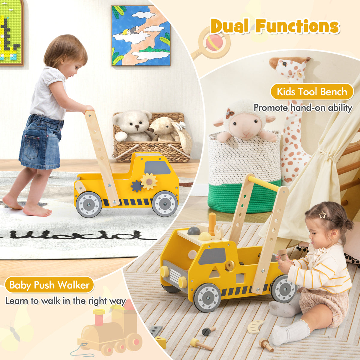 2-in-1 Wooden Baby Walker with Adjustable Speed & Bottom Storage - Yellow, Truck-Shaped, Safety Certified