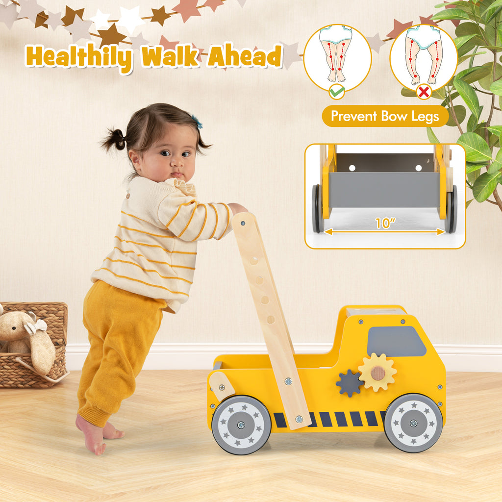 2-in-1 Wooden Baby Walker with Adjustable Speed & Bottom Storage - Yellow, Truck-Shaped, Safety Certified