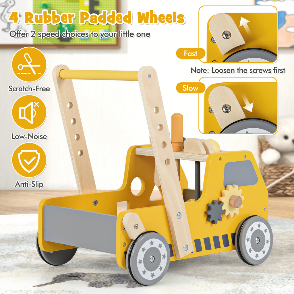 2-in-1 Wooden Baby Walker with Adjustable Speed & Bottom Storage - Yellow, Truck-Shaped, Safety Certified