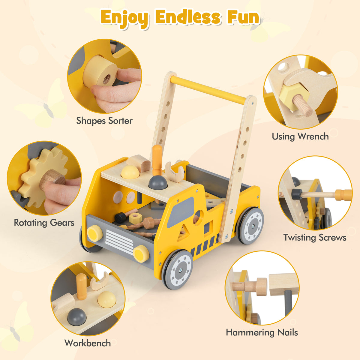 2-in-1 Wooden Baby Walker with Adjustable Speed & Bottom Storage - Yellow, Truck-Shaped, Safety Certified