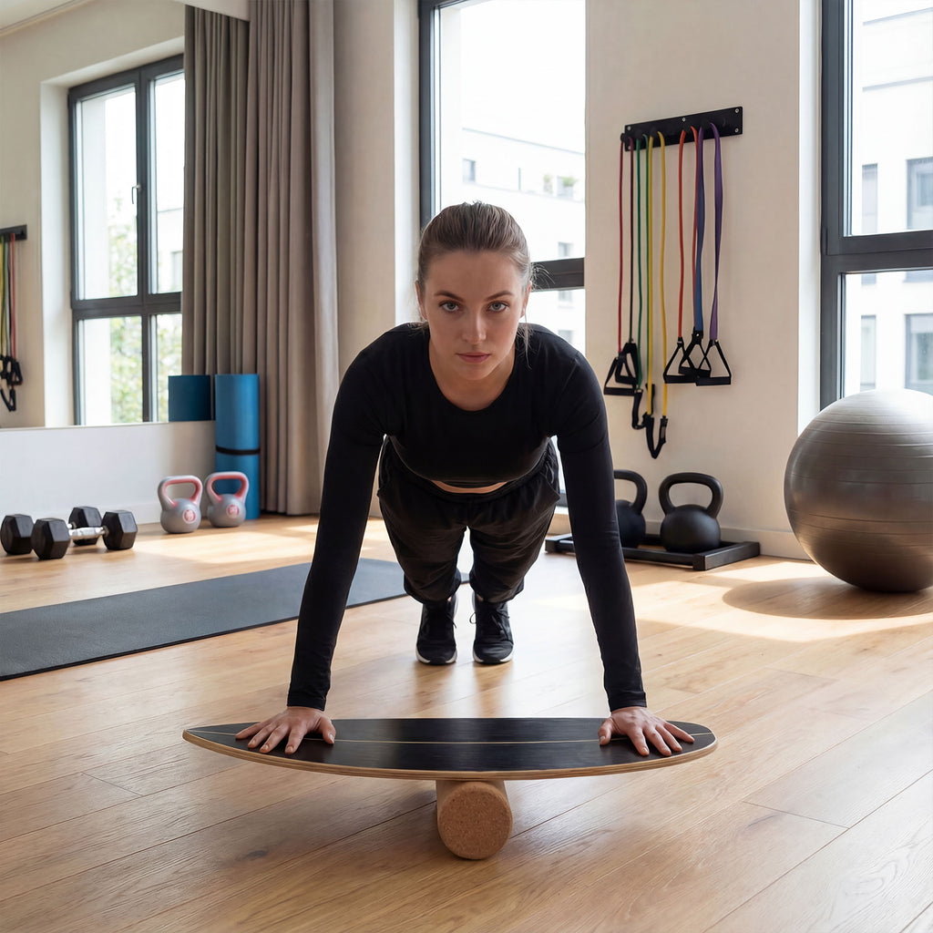 Wooden Balance Board with Cork Roller & Storage Rack - Exercise & Sports Training - Black