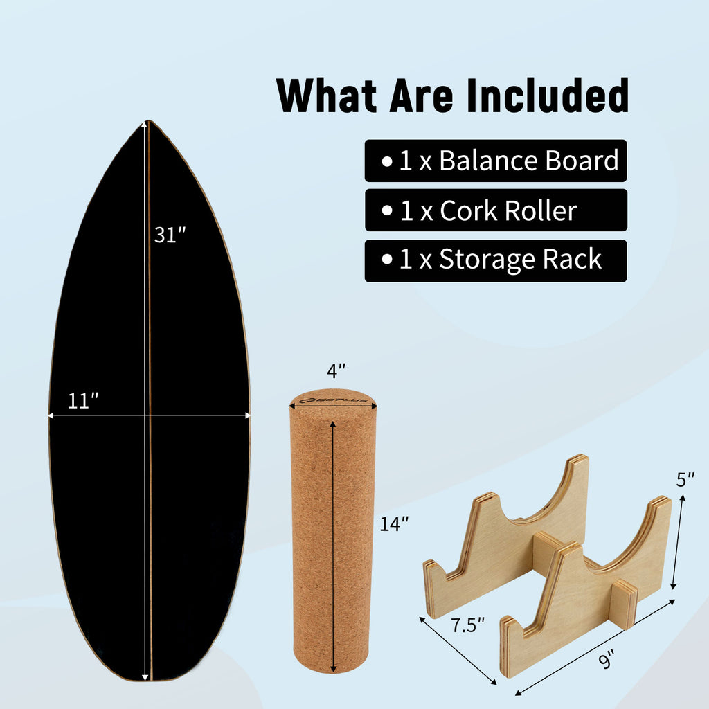 Wooden Balance Board with Cork Roller & Storage Rack - Exercise & Sports Training - Black