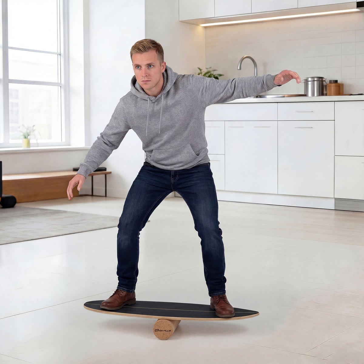 Wooden Balance Board with Cork Roller & Storage Rack - Exercise & Sports Training - Black