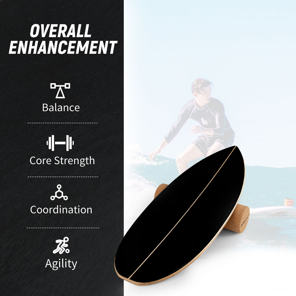 Wooden Balance Board with Cork Roller & Storage Rack - Exercise & Sports Training - Black