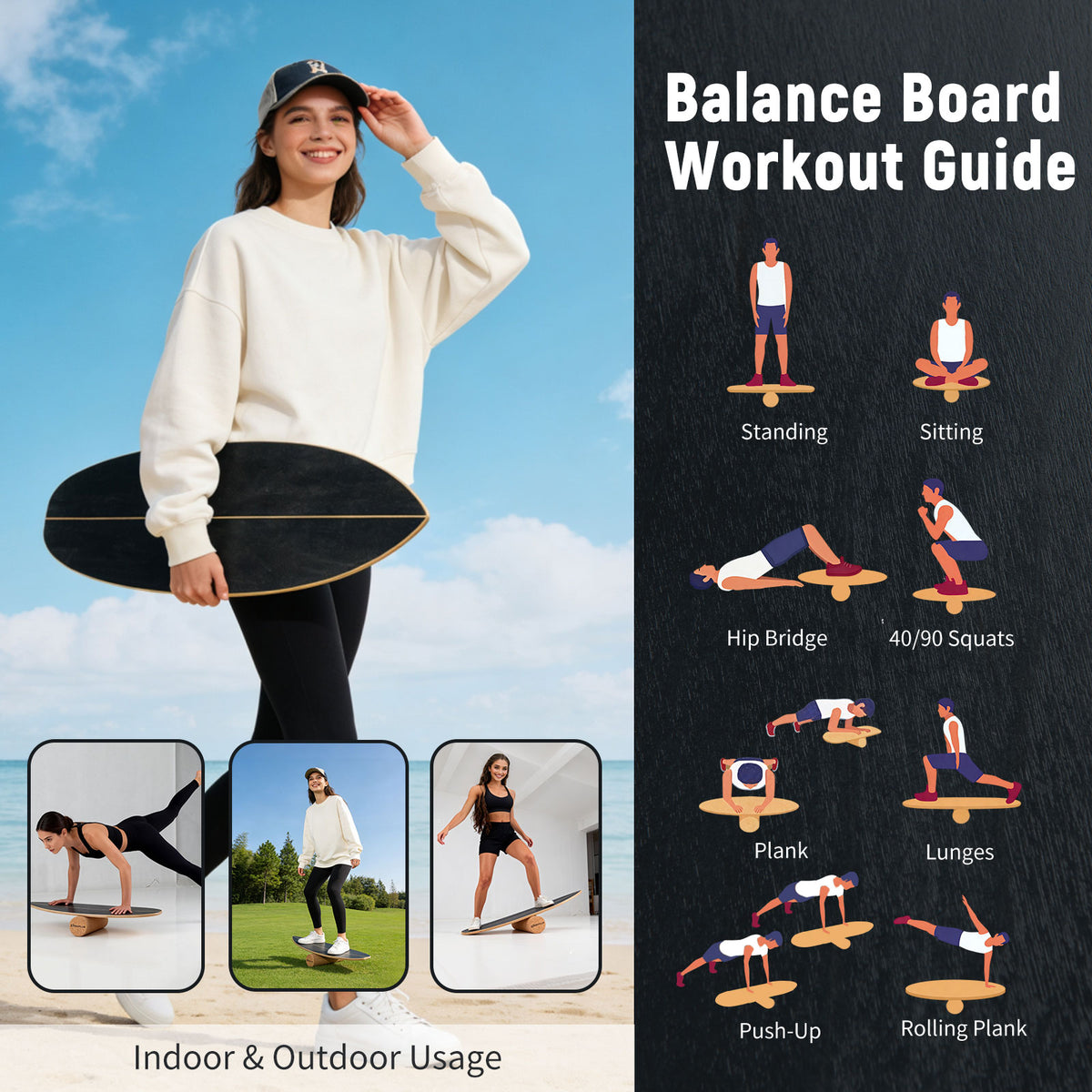 Wooden Balance Board with Cork Roller & Storage Rack - Exercise & Sports Training - Black