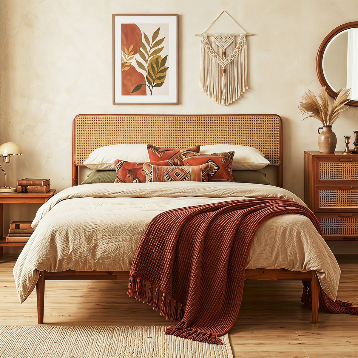 Rattan Brown Twin Bed Frame with Wooden Slats
