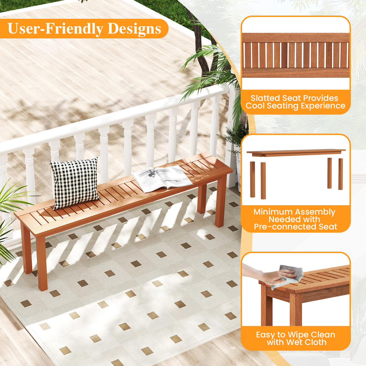Outdoor 59 Inch Long Patio Dining Backless Wooden Bench with Teak Oil