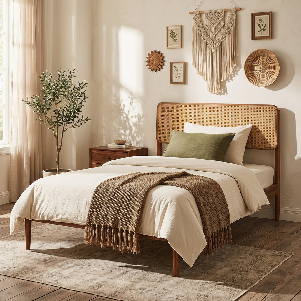 Rattan Brown Twin Bed Frame with Wooden Slats