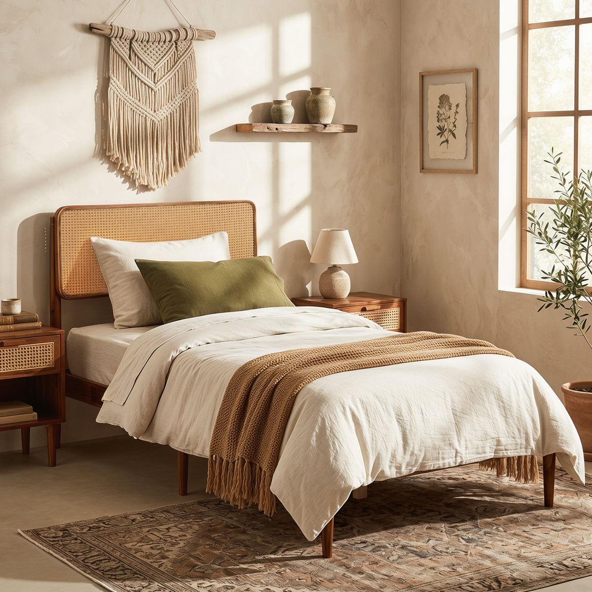 Rattan Brown Twin Bed Frame with Wooden Slats