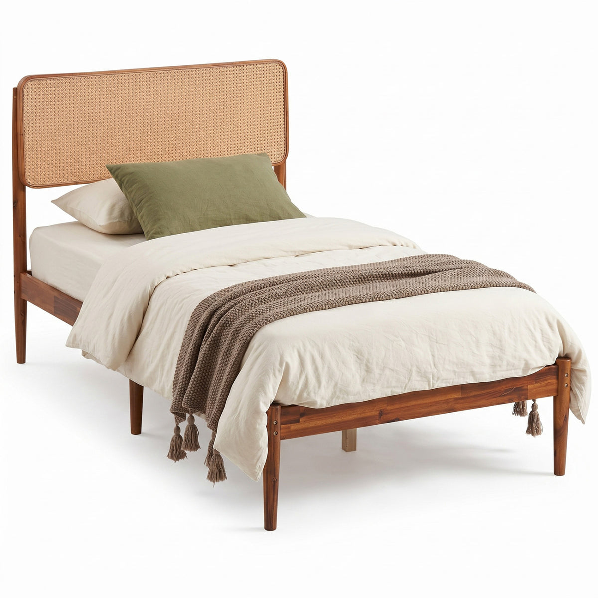 Rattan Brown Twin Bed Frame with Wooden Slats