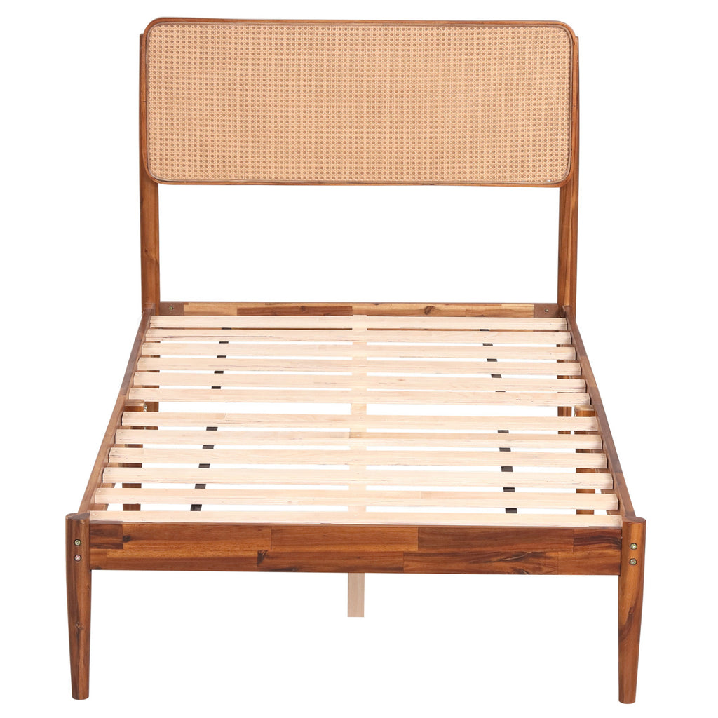 Rattan Brown Twin Bed Frame with Wooden Slats