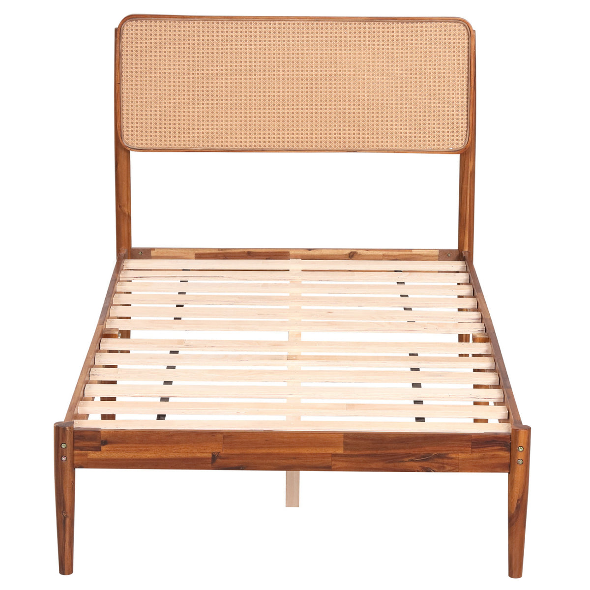 Rattan Brown Twin Bed Frame with Wooden Slats