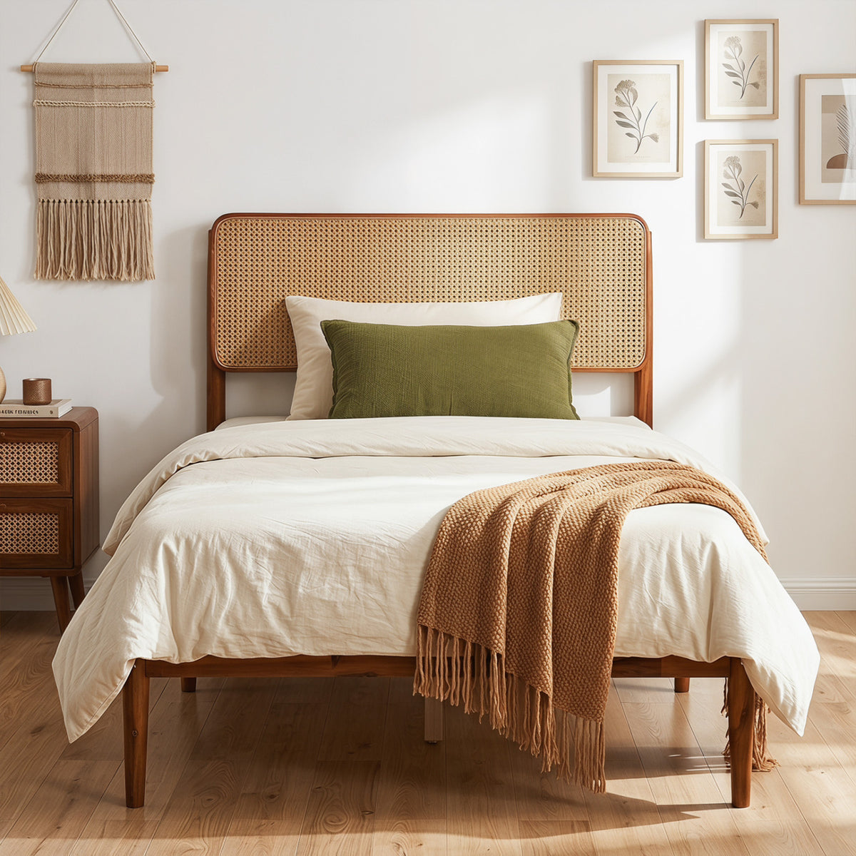 Rattan Brown Twin Bed Frame with Wooden Slats