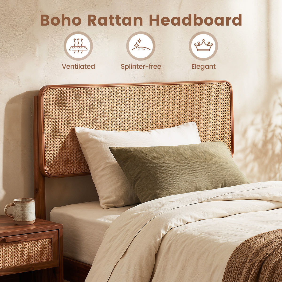 Rattan Brown Twin Bed Frame with Wooden Slats