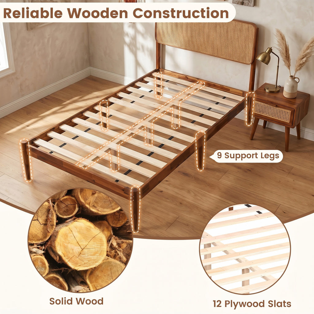 Rattan Brown Twin Bed Frame with Wooden Slats