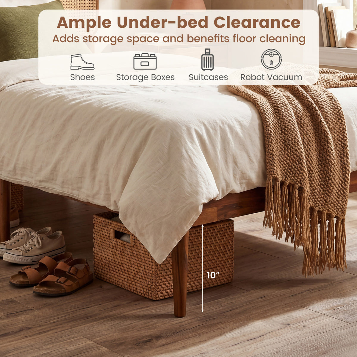 Rattan Brown Twin Bed Frame with Wooden Slats