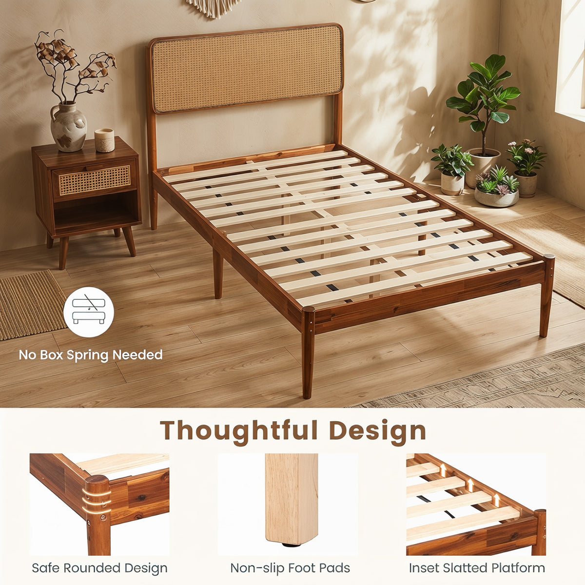 Rattan Brown Twin Bed Frame with Wooden Slats