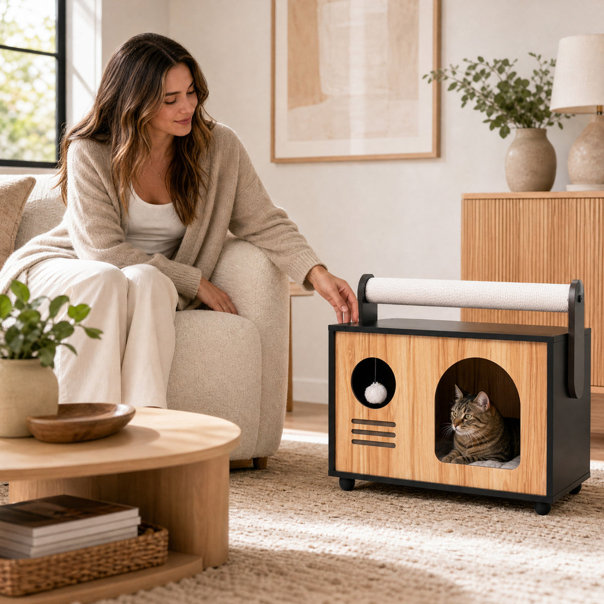 Black Wooden Cat House with Scratching Post & Removable Cushion