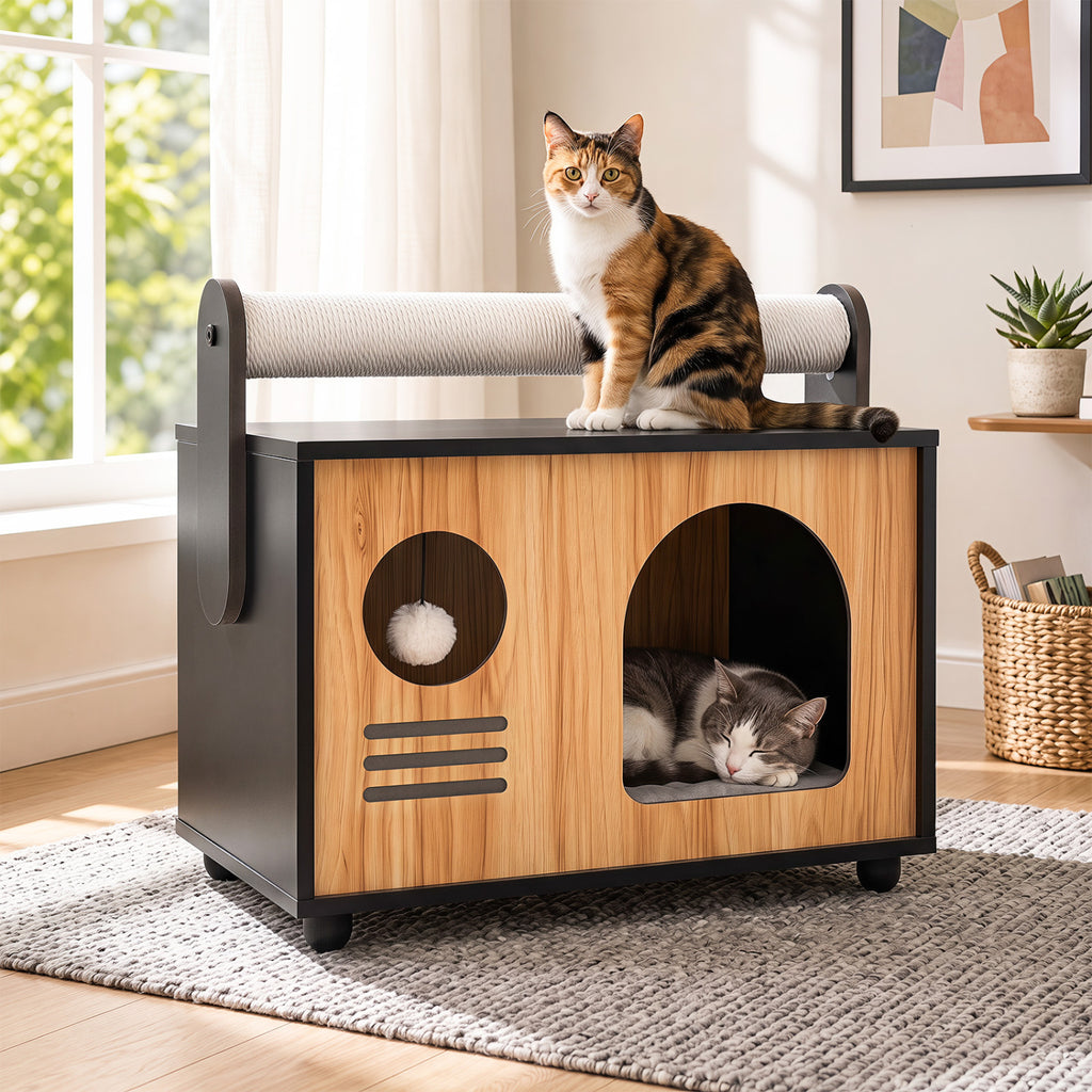 Black Wooden Cat House with Scratching Post & Removable Cushion