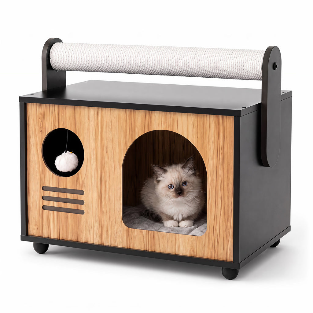Black Wooden Cat House with Scratching Post & Removable Cushion