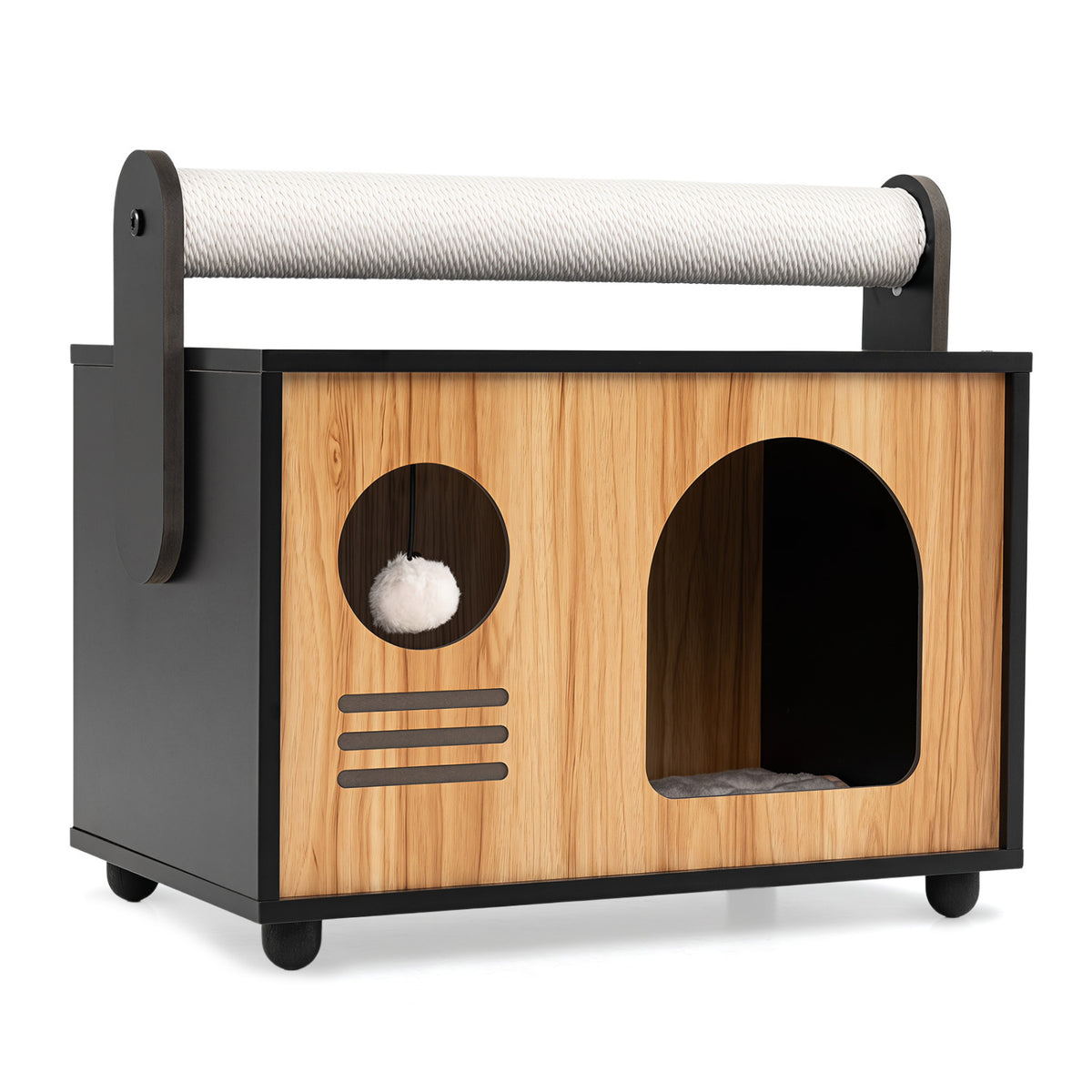 Black Wooden Cat House with Scratching Post & Removable Cushion