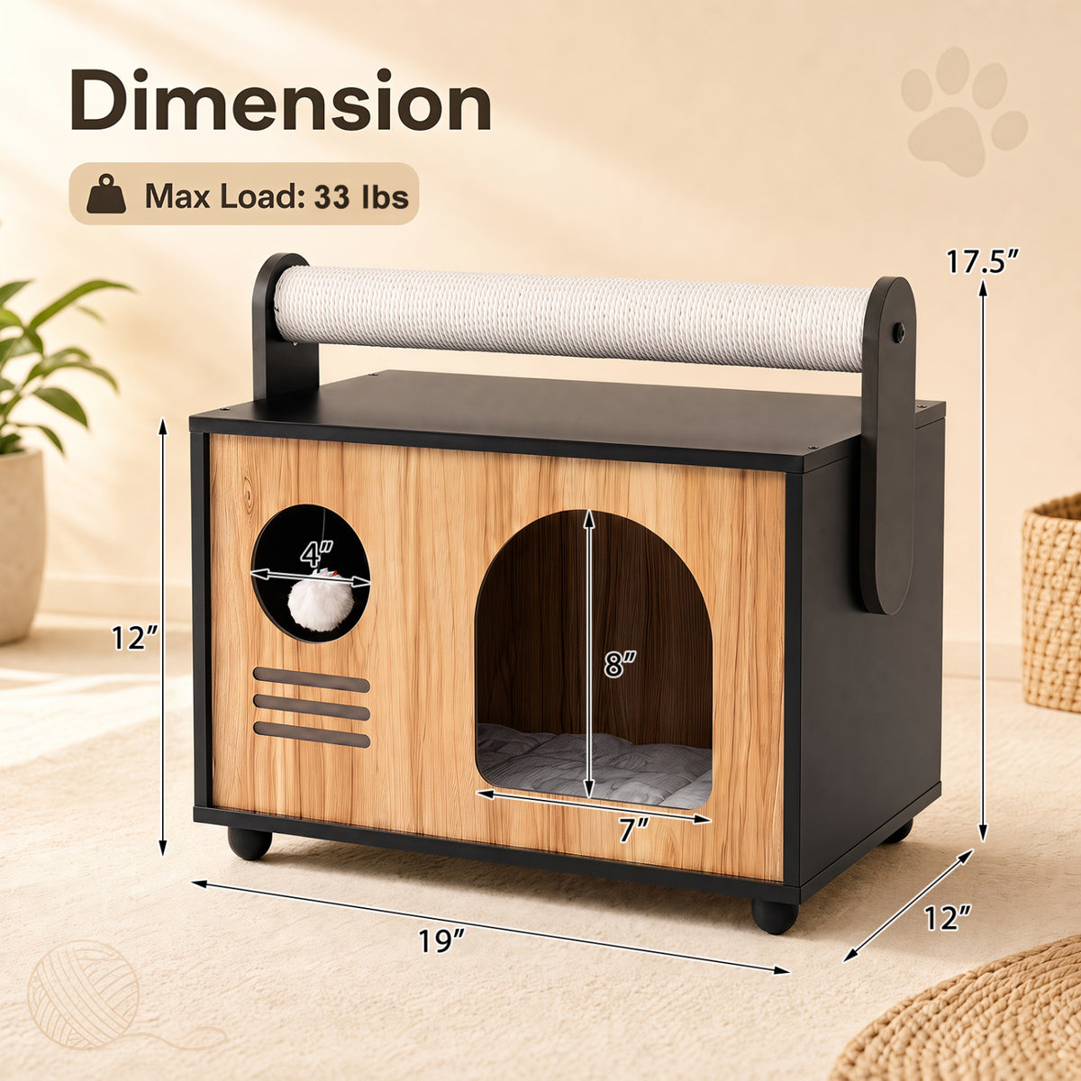 Black Wooden Cat House with Scratching Post & Removable Cushion