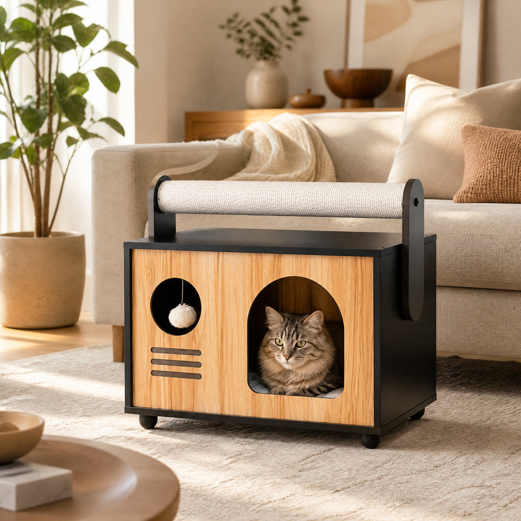 Black Wooden Cat House with Scratching Post & Removable Cushion