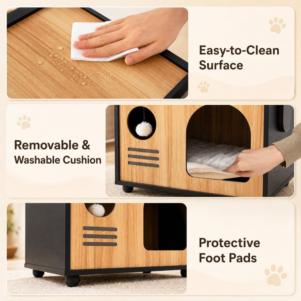 Black Wooden Cat House with Scratching Post & Removable Cushion