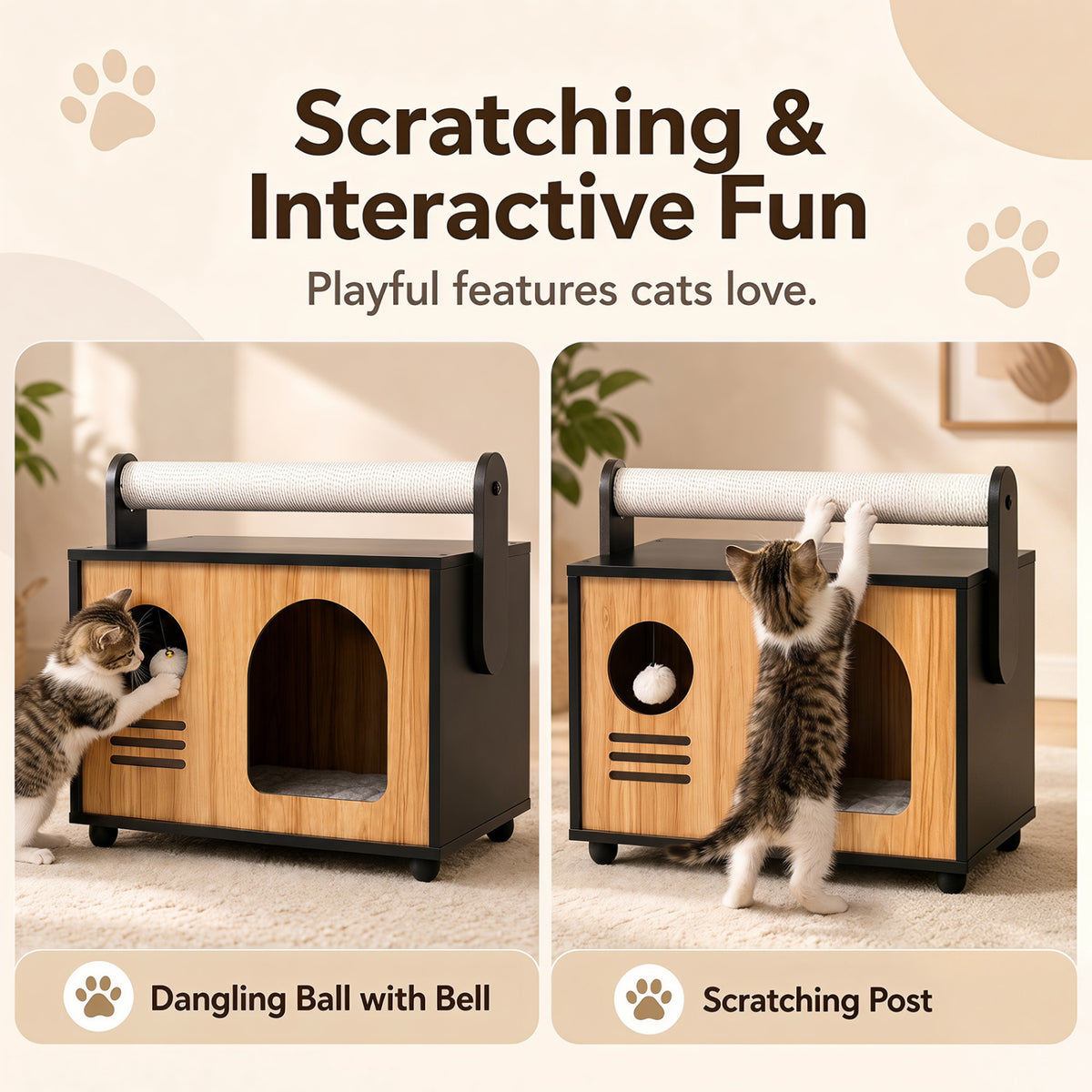 Black Wooden Cat House with Scratching Post & Removable Cushion