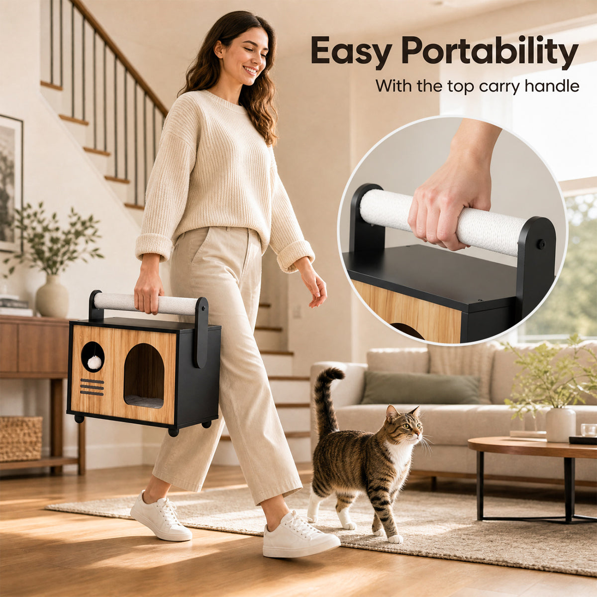 Black Wooden Cat House with Scratching Post & Removable Cushion