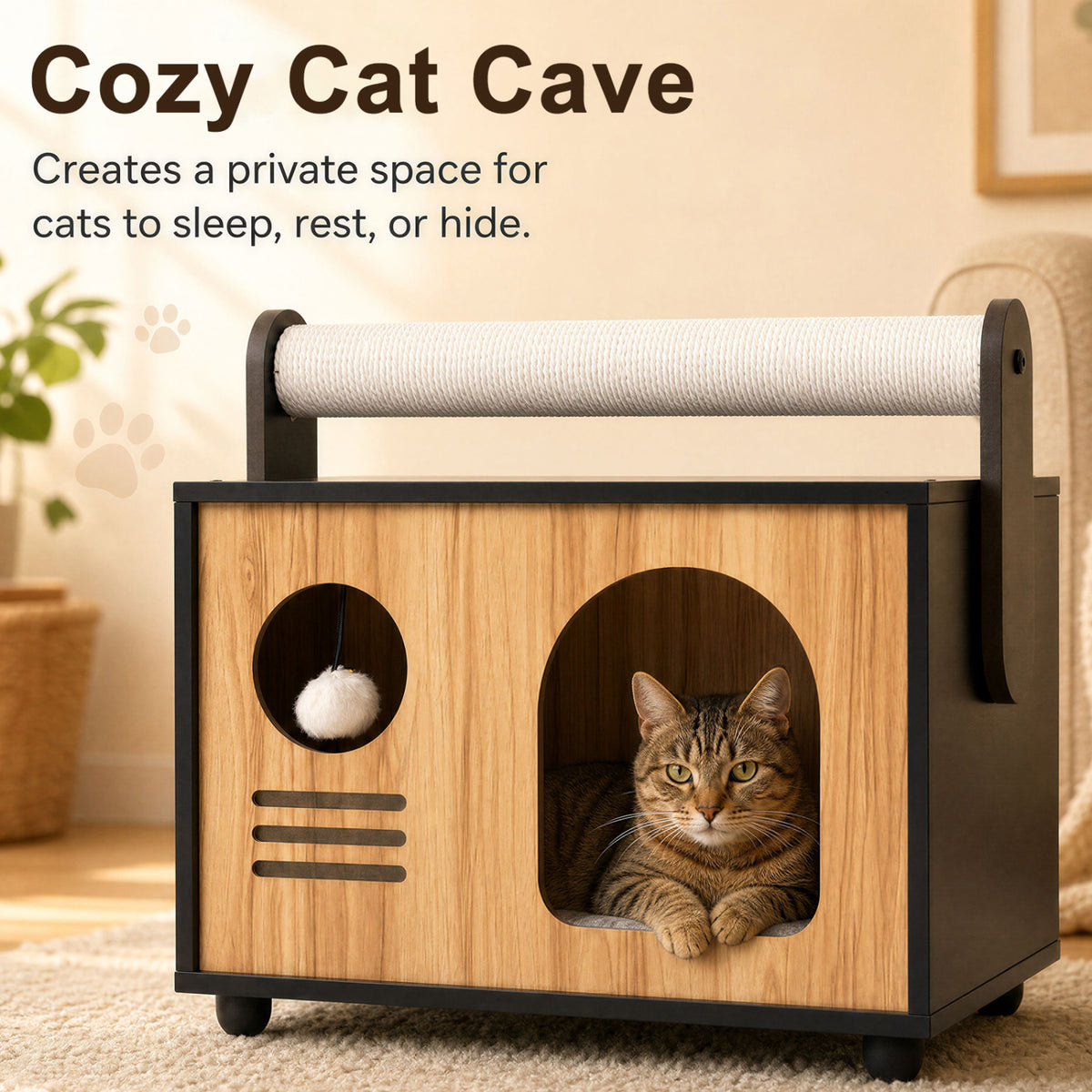 Black Wooden Cat House with Scratching Post & Removable Cushion