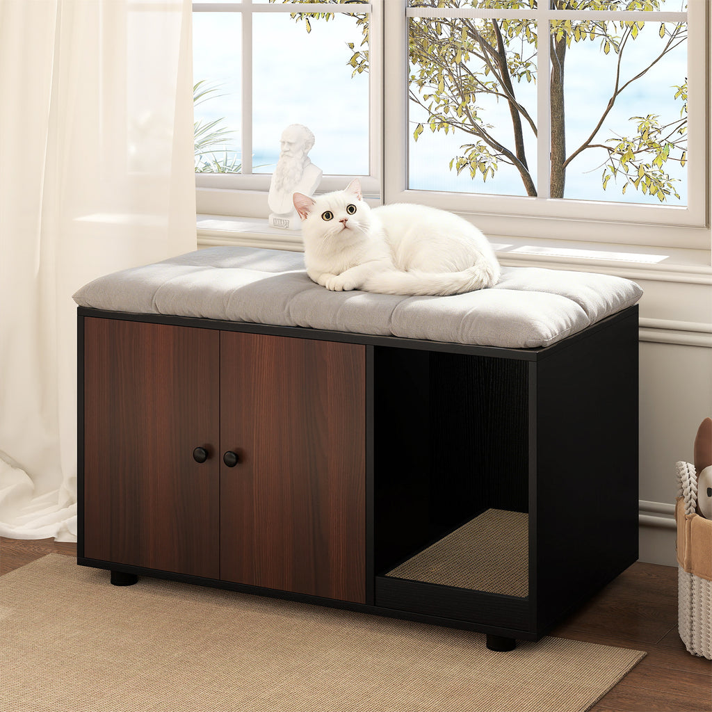 Wooden Cat Litter Box Enclosure with Scratching Board - Hidden Cat Furniture, Black